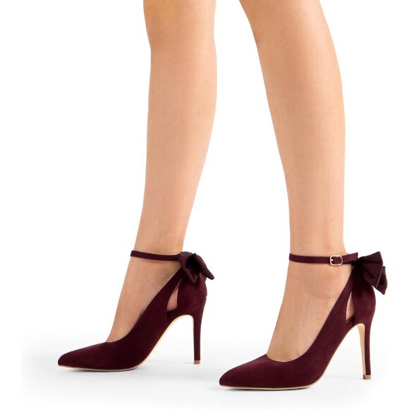 Dream Pair Women's Burgundy-suede Faux Suede Strappy Pointed Toe Bow Shoes Pumps - Picture 7 of 7